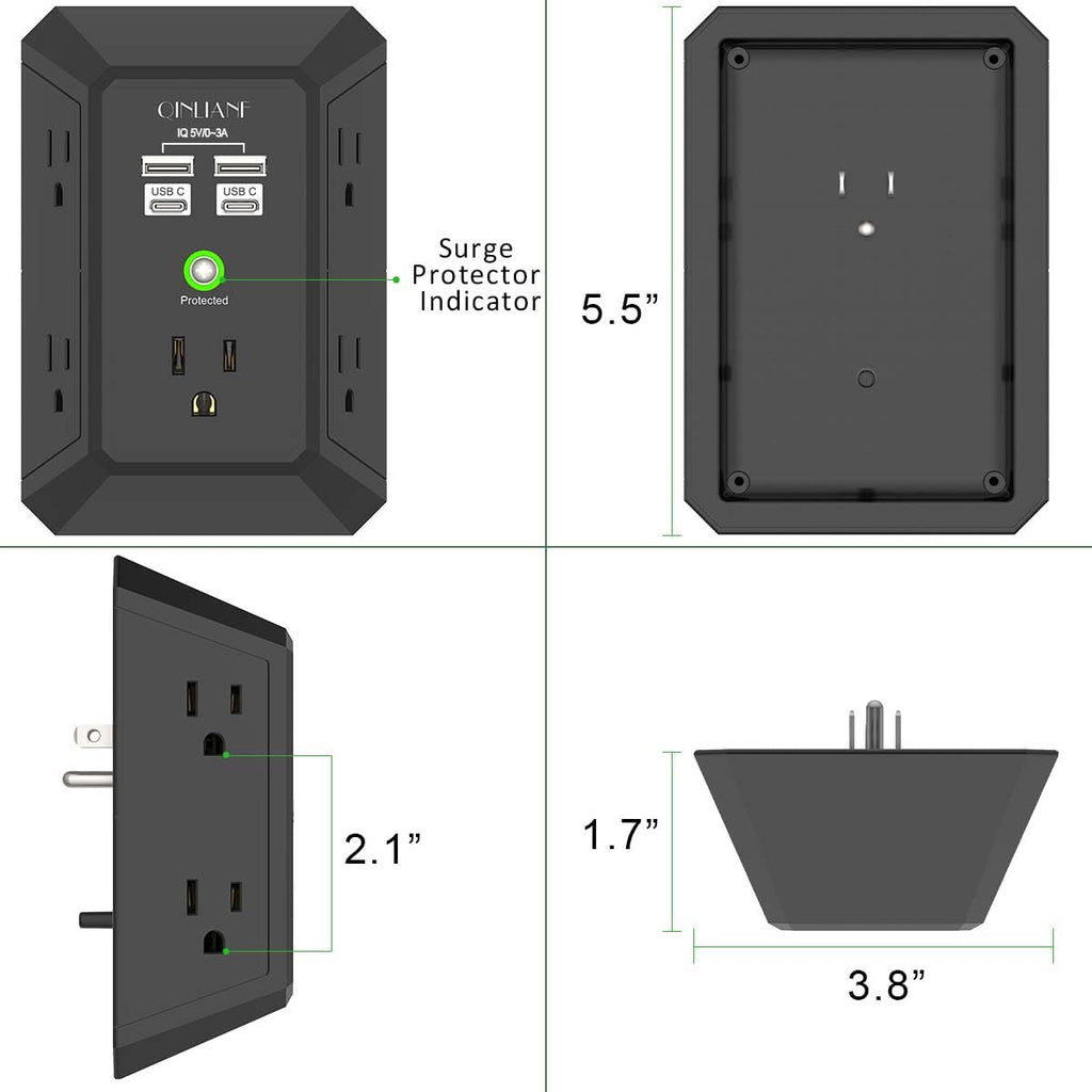 QINLIANF 5-Outlet Surge Protector with 4 USB Ports