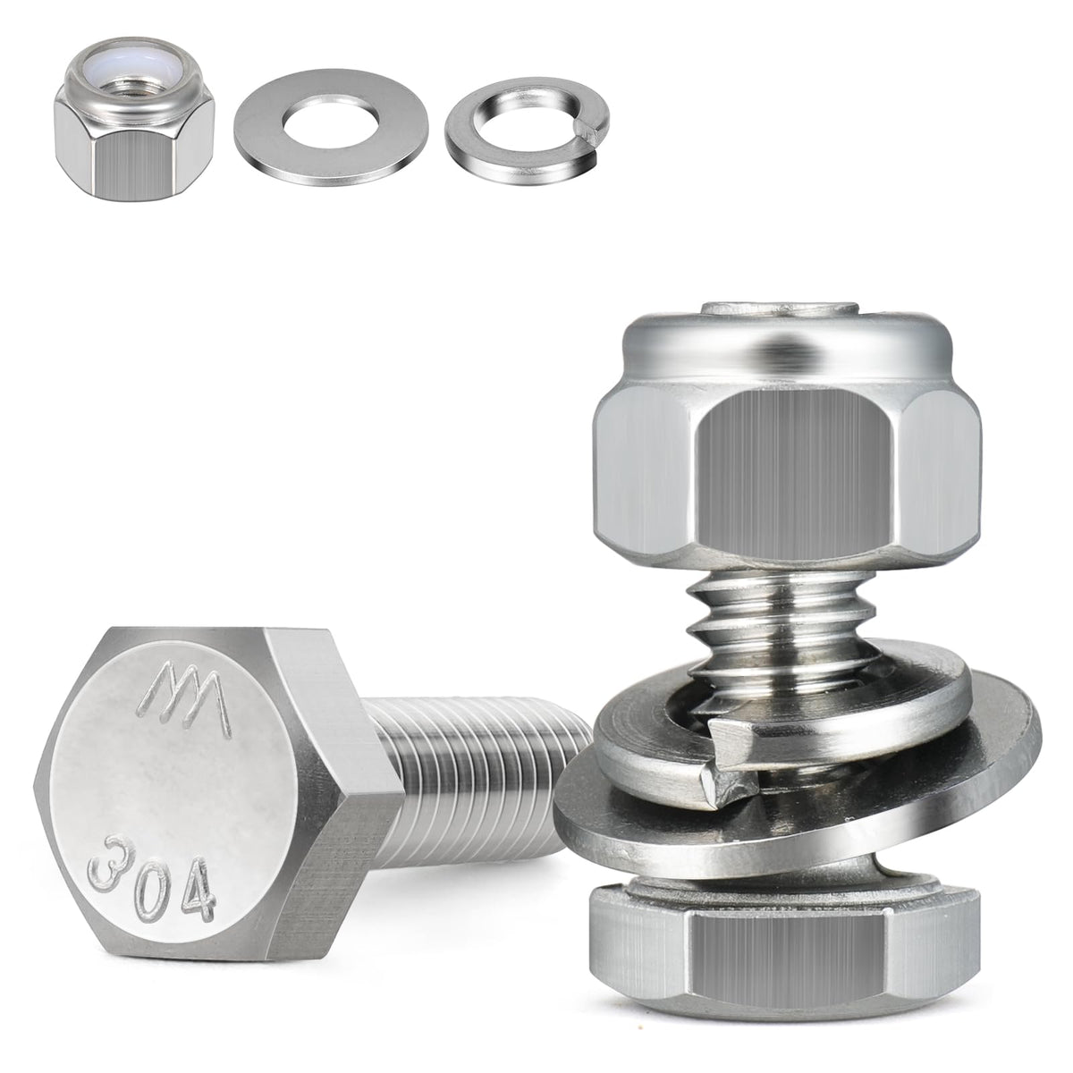 BNUOK 304 Stainless Steel Hex Bolt, Nut and Washer Kit