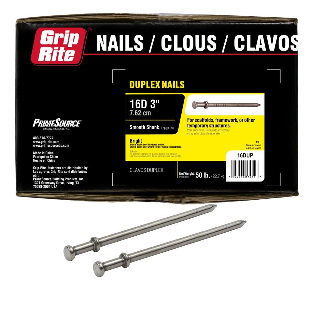 Grip-Rite 16D 3-1/2-Inch Bright Shank Duplex Nails, 50 lb