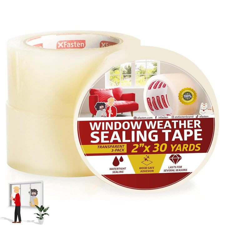 XFasten Clear Window Weather Sealing Tape, 2-Inch, 3-Pack