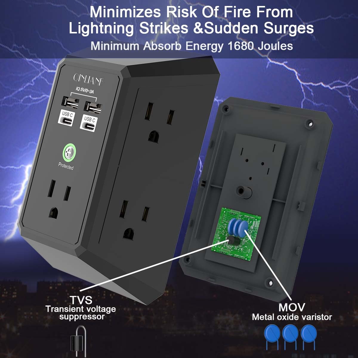 QINLIANF 5-Outlet Surge Protector with 4 USB Ports