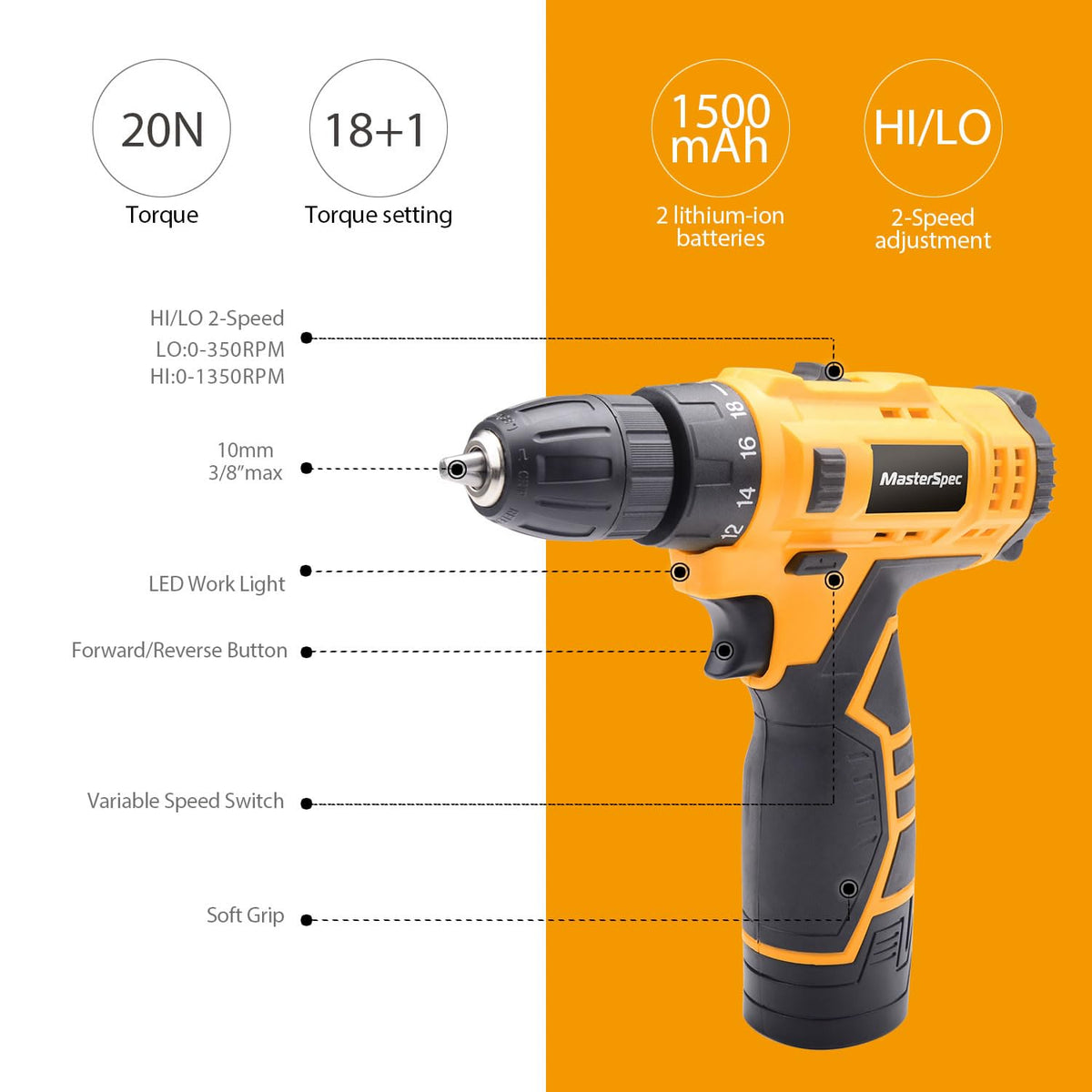 MasterSpec 12V Cordless Drill Driver with Battery Charger