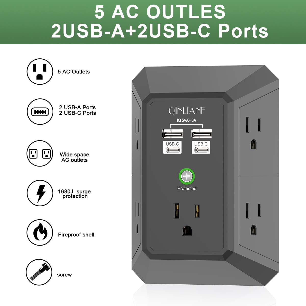 QINLIANF 5-Outlet Surge Protector with 4 USB Ports