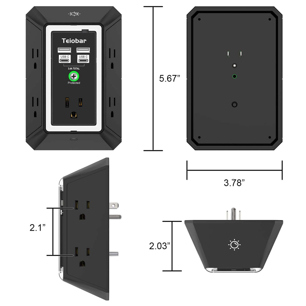Teiobar Surge Protector Outlet Extender with 4 USB Ports