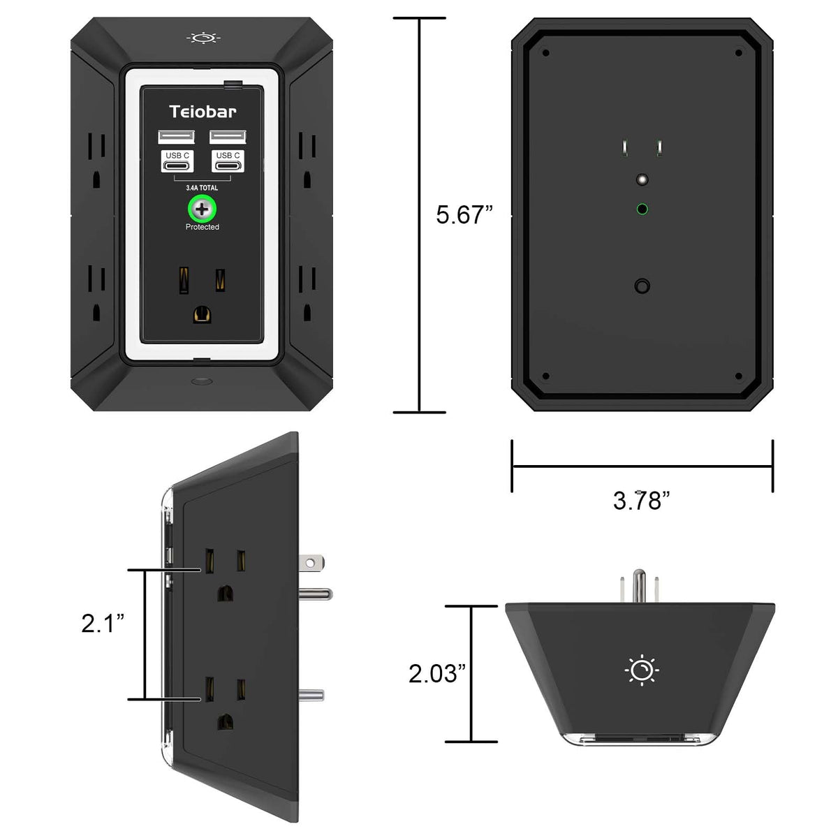 Teiobar Surge Protector Outlet Extender with 4 USB Ports