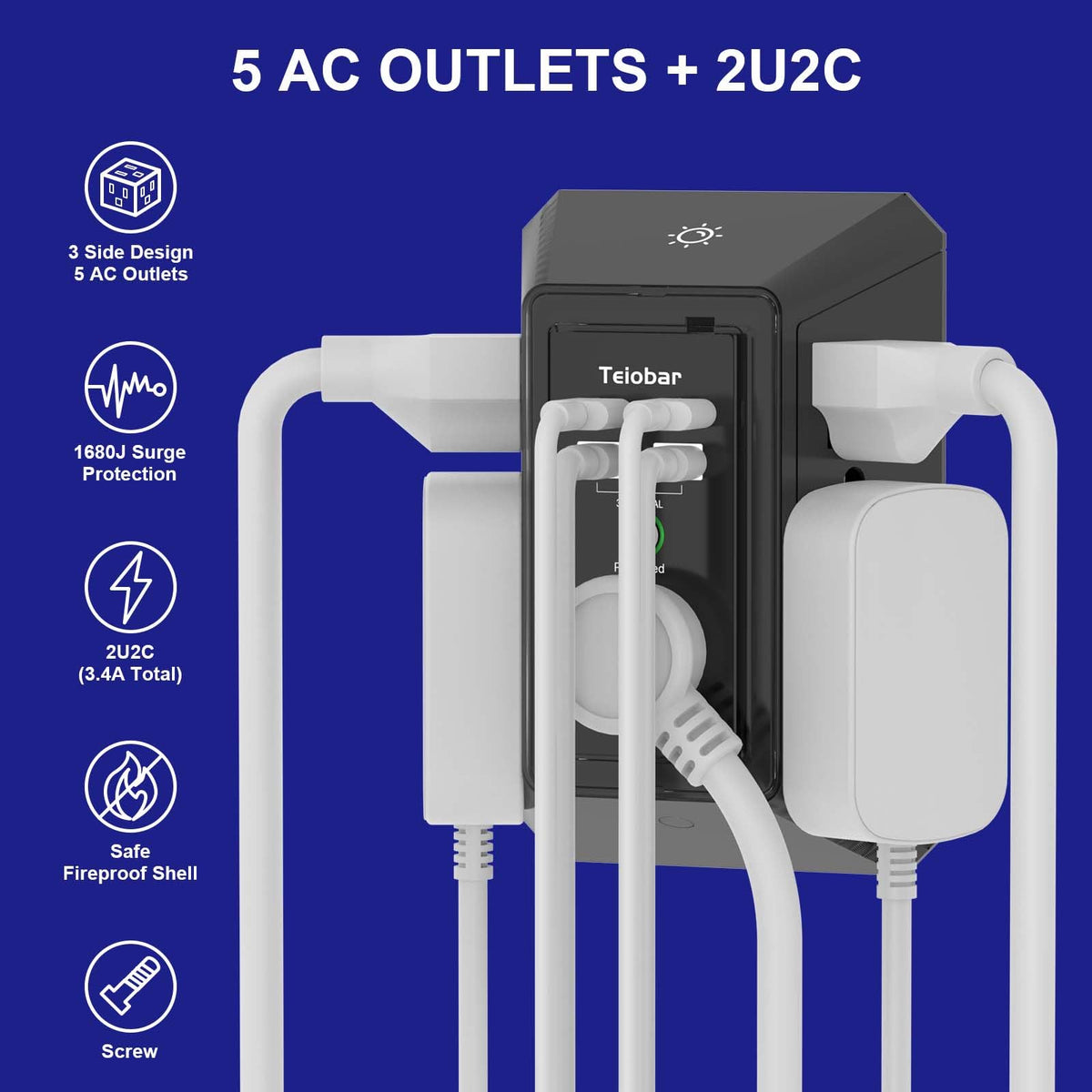 Teiobar Surge Protector Outlet Extender with 4 USB Ports