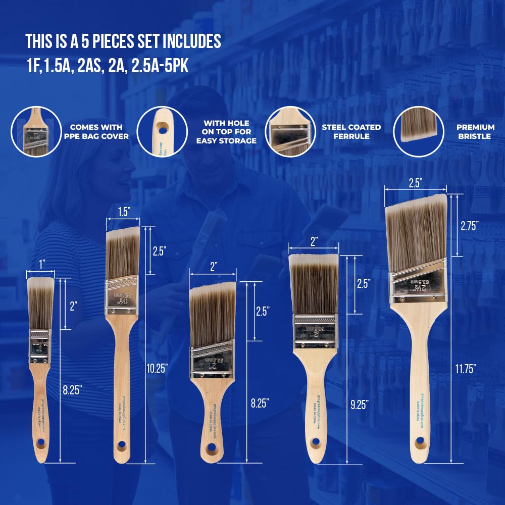 Pro Grade 5-Piece Paint Brush Set for Walls, Trim & Stain