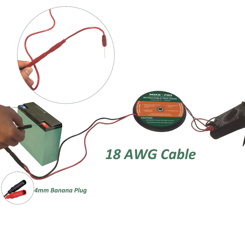 MAKEITPRO 30FT 18AWG Retractable Test Leads with Cable Bag