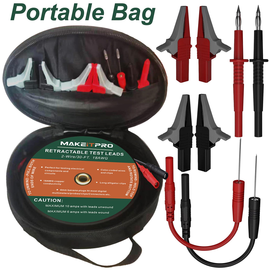 MAKEITPRO 30FT 18AWG Retractable Test Leads with Cable Bag