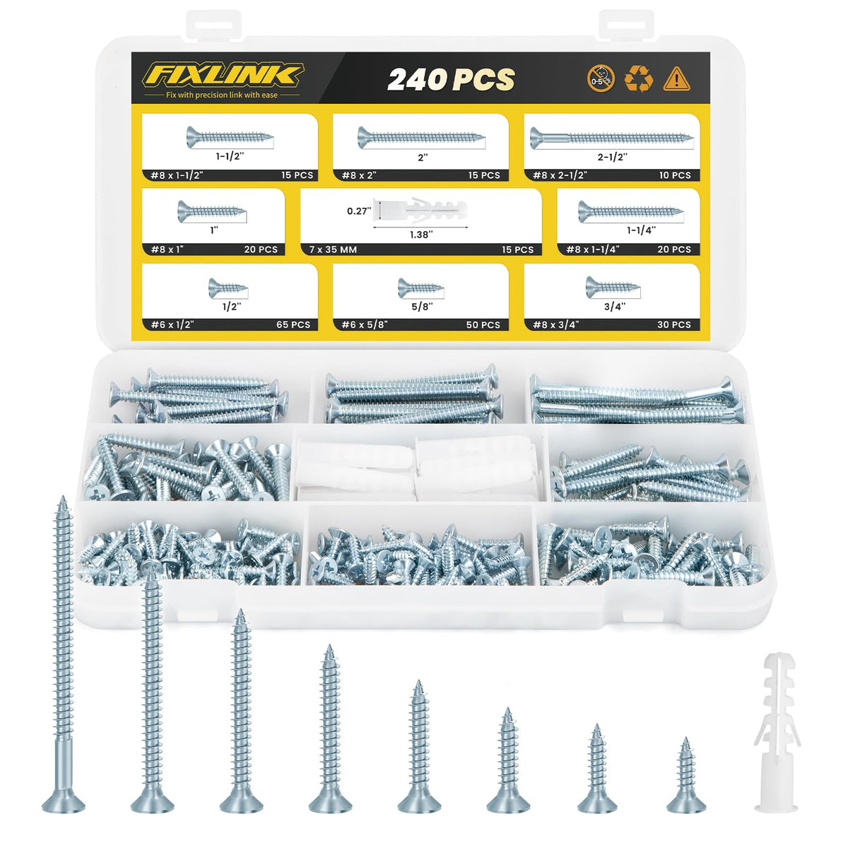 FIXLINK 8-Size Flat Head Phillips Wood Screw & Anchor Kit