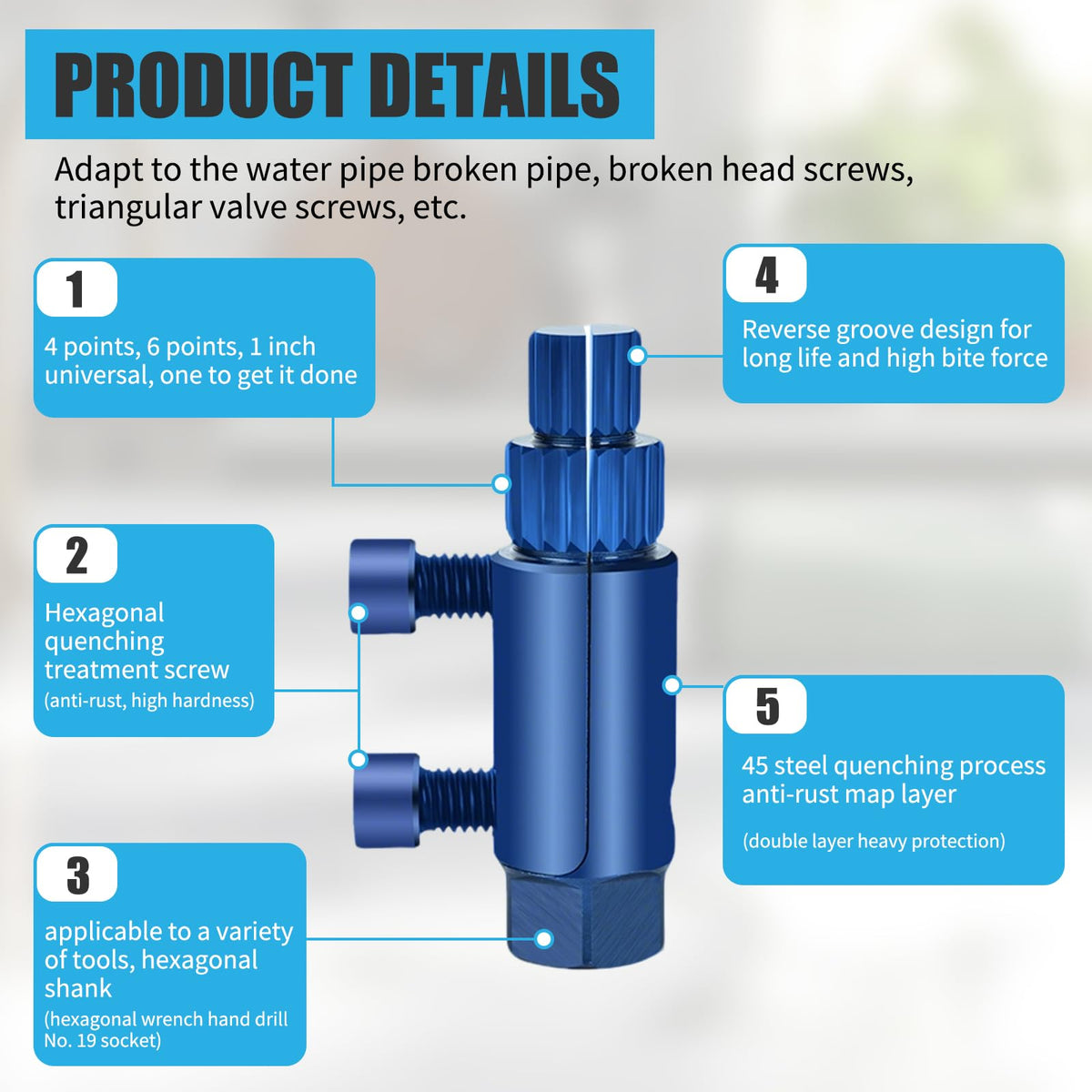 Heavy-Duty Pipe Thread Extractor Tool, 1/2, 3/4 & 1 Inch