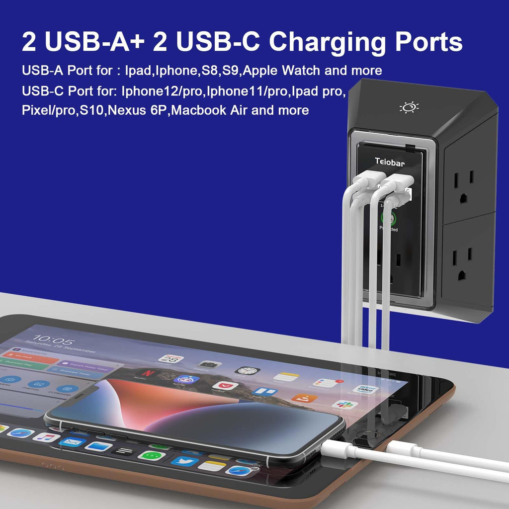 Teiobar Surge Protector Outlet Extender with 4 USB Ports