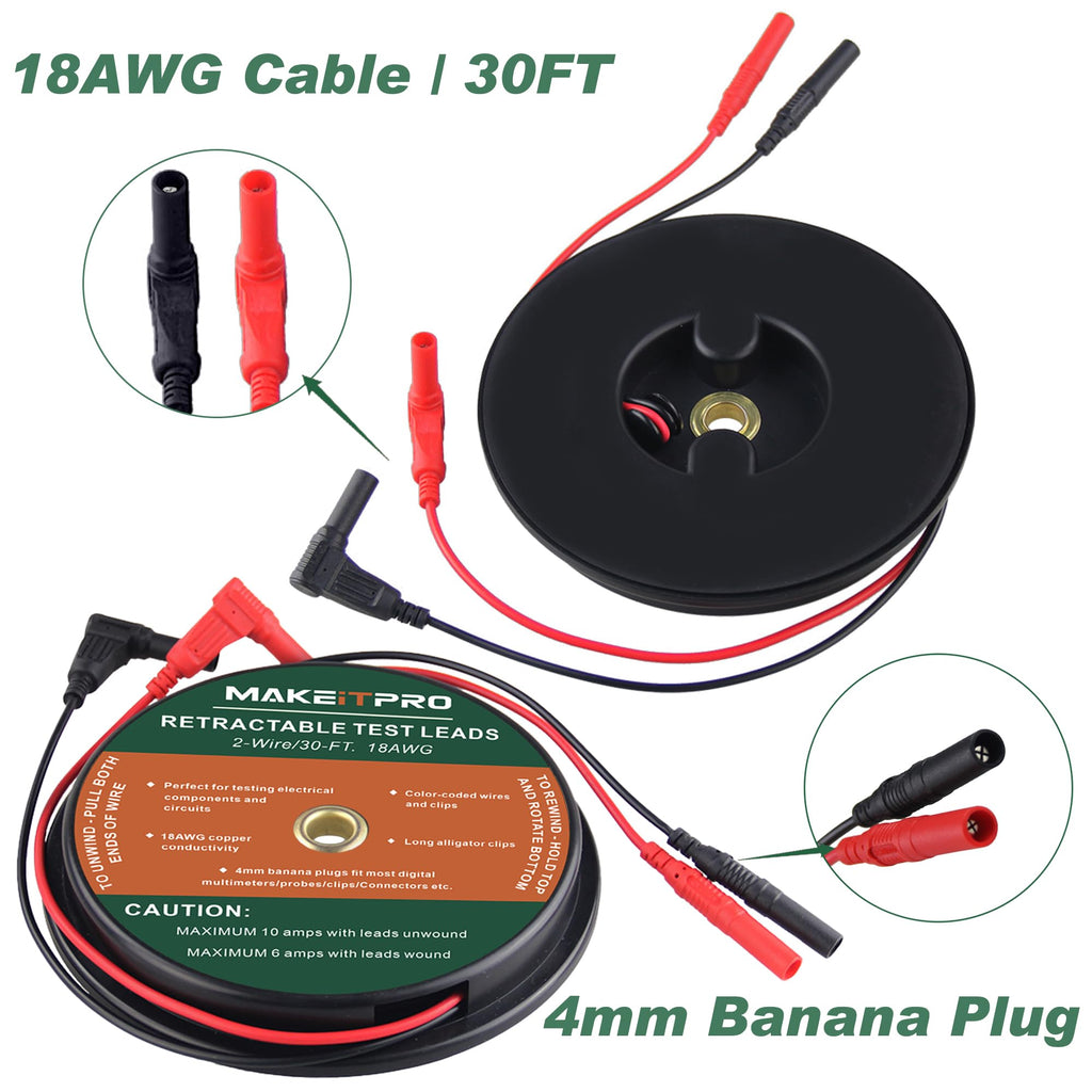 MAKEITPRO 30FT 18AWG Retractable Test Leads with Cable Bag