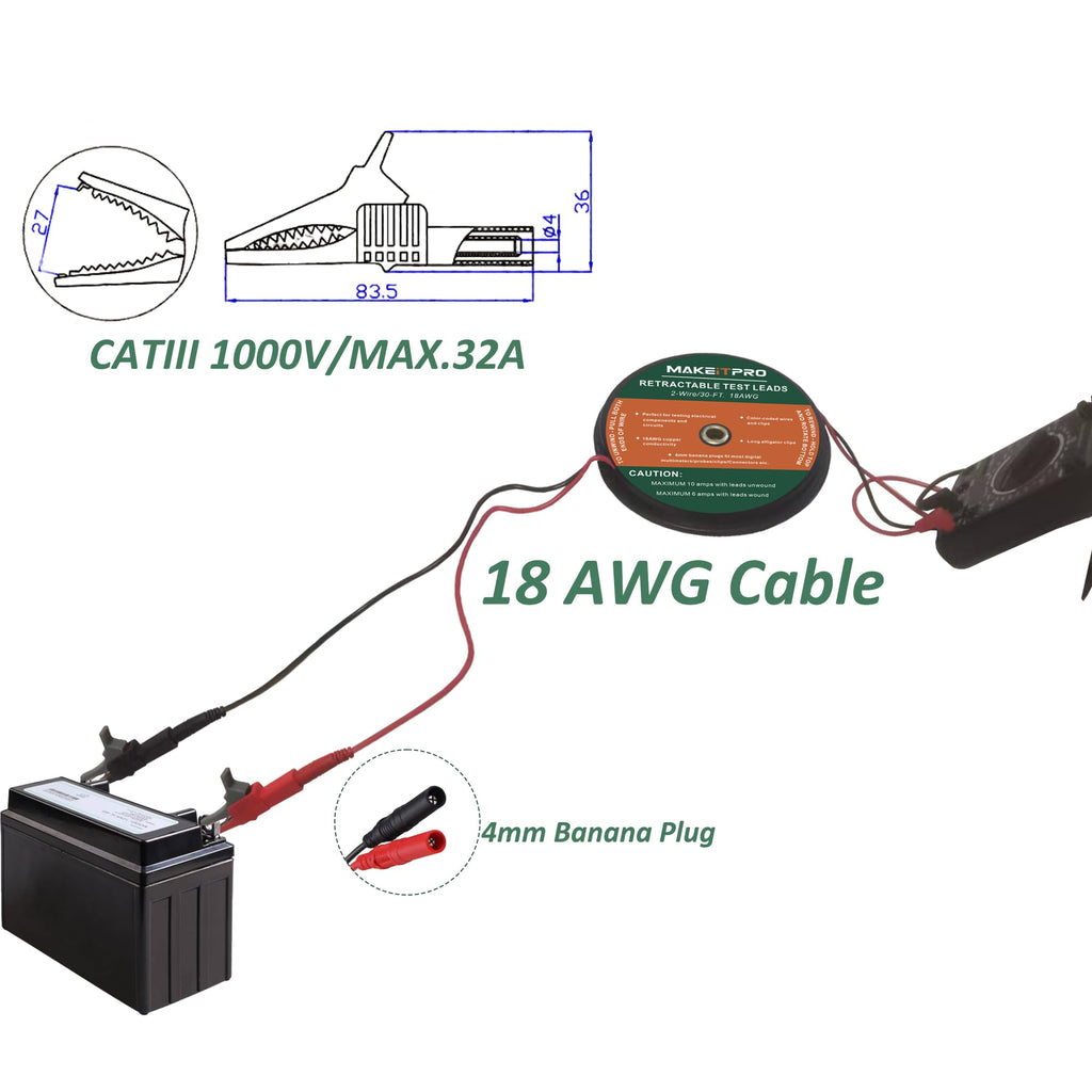 MAKEITPRO 30FT 18AWG Retractable Test Leads with Cable Bag