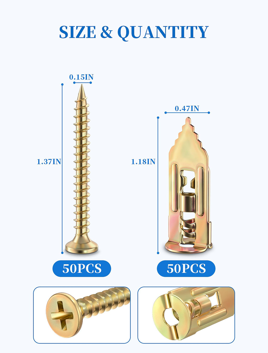 Zinc-Plated Self-Drilling Drywall Anchors and Screws Kit