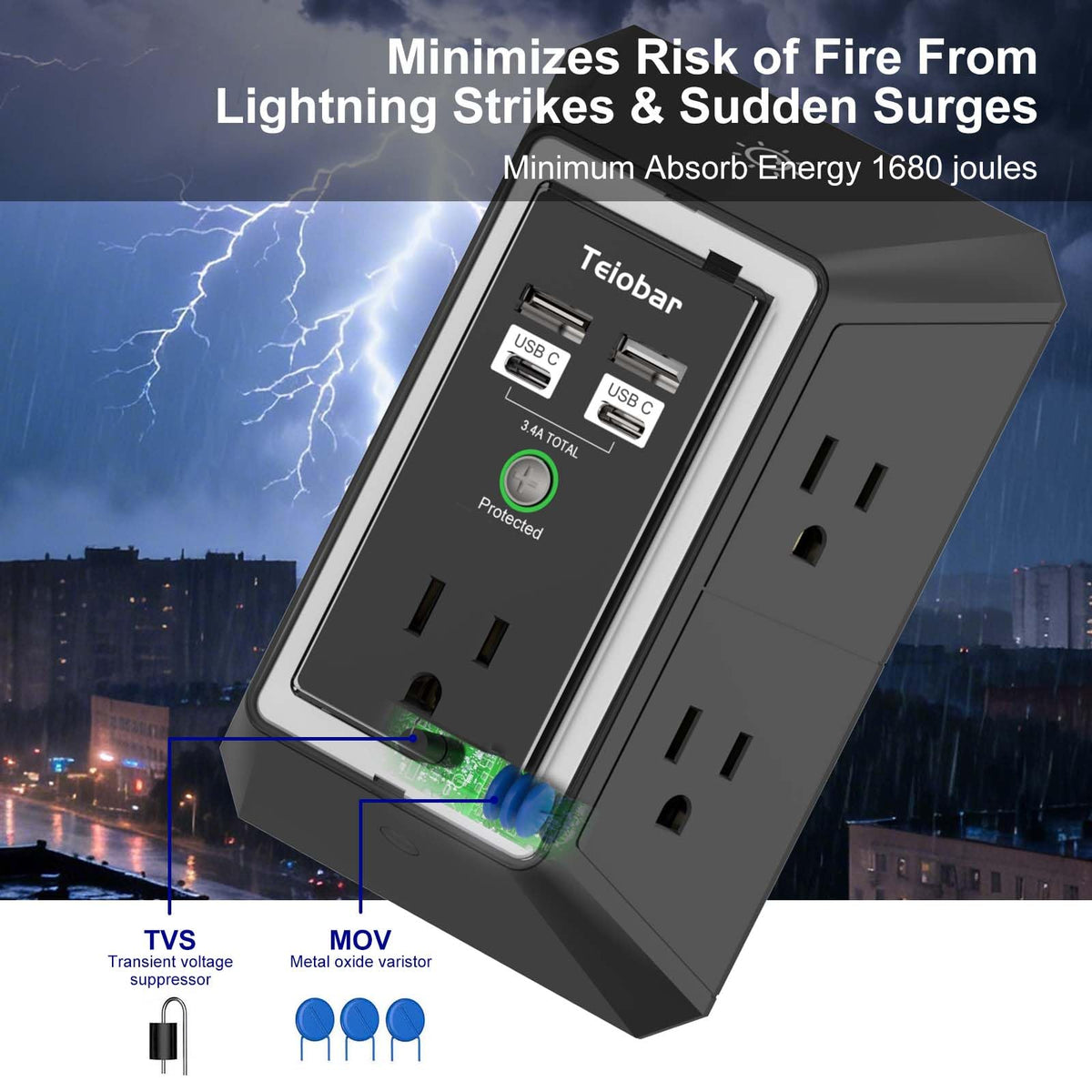 Teiobar Surge Protector Outlet Extender with 4 USB Ports