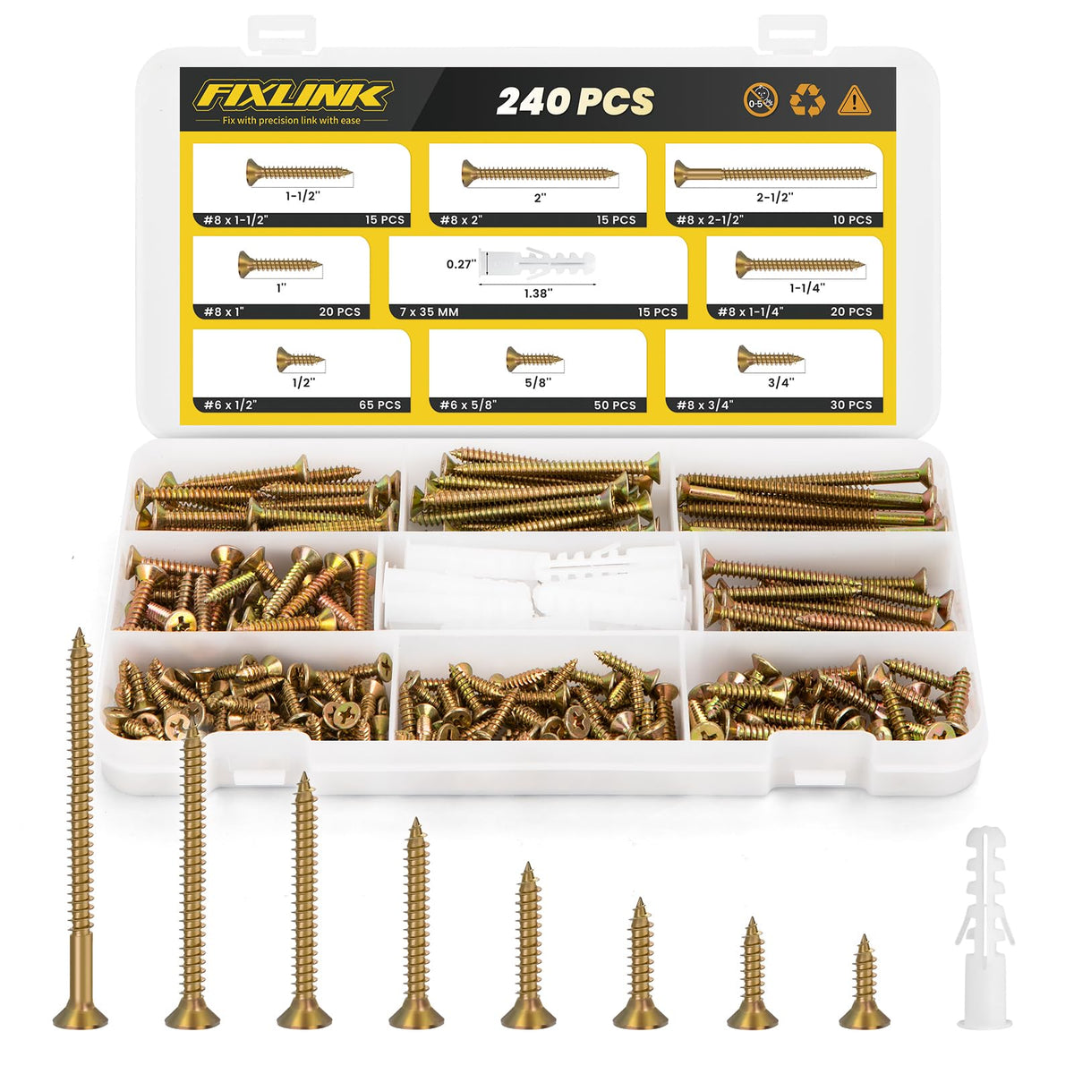 FIXLINK 8-Size Flat Head Phillips Wood Screw & Anchor Kit