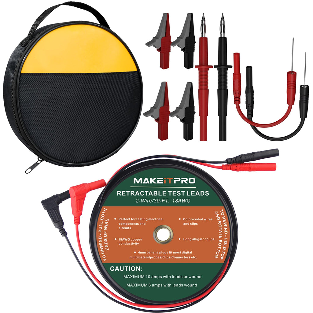 MAKEITPRO 30FT 18AWG Retractable Test Leads with Cable Bag