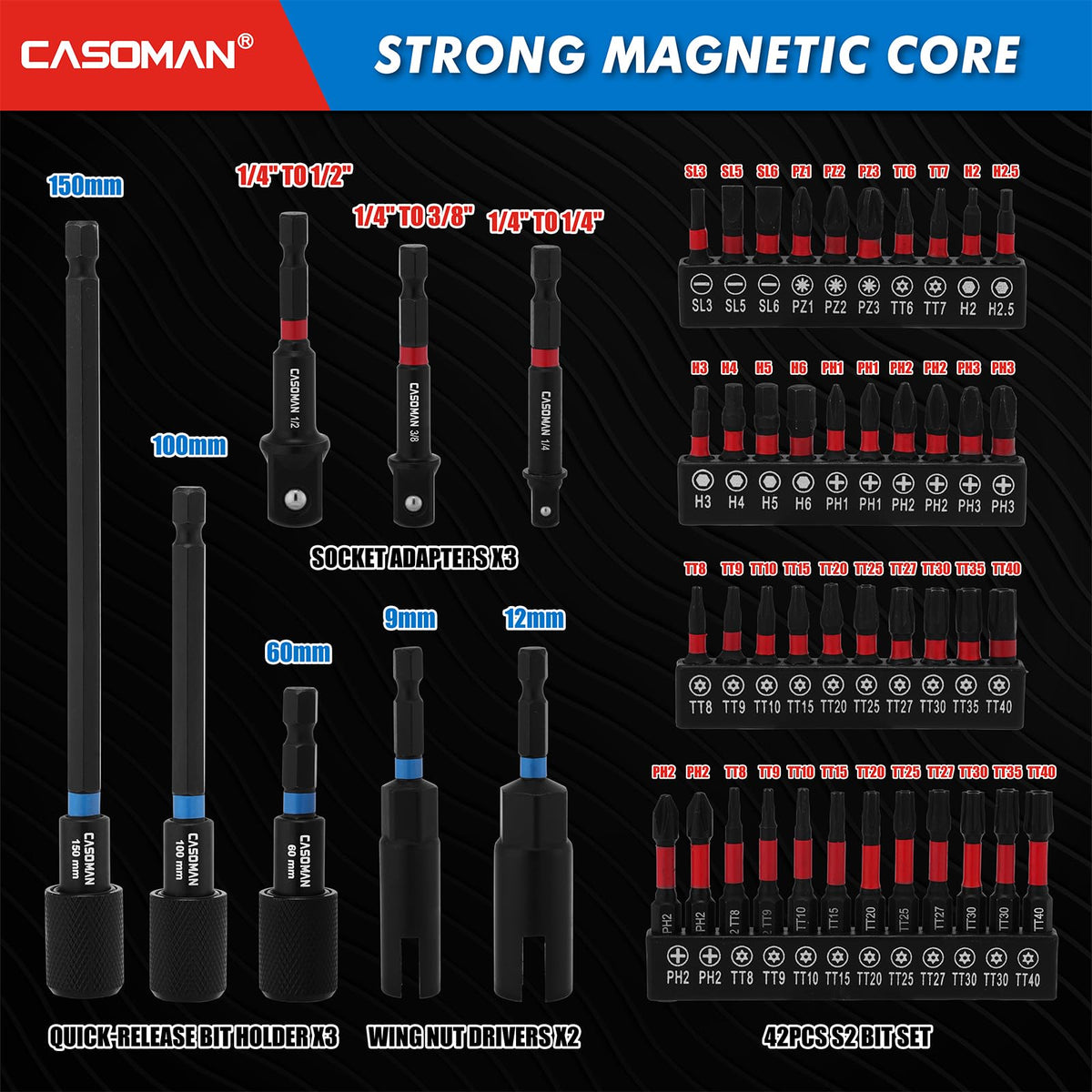 CASOMAN 68-Piece Magnetic Nut Driver Set, SAE & Metric