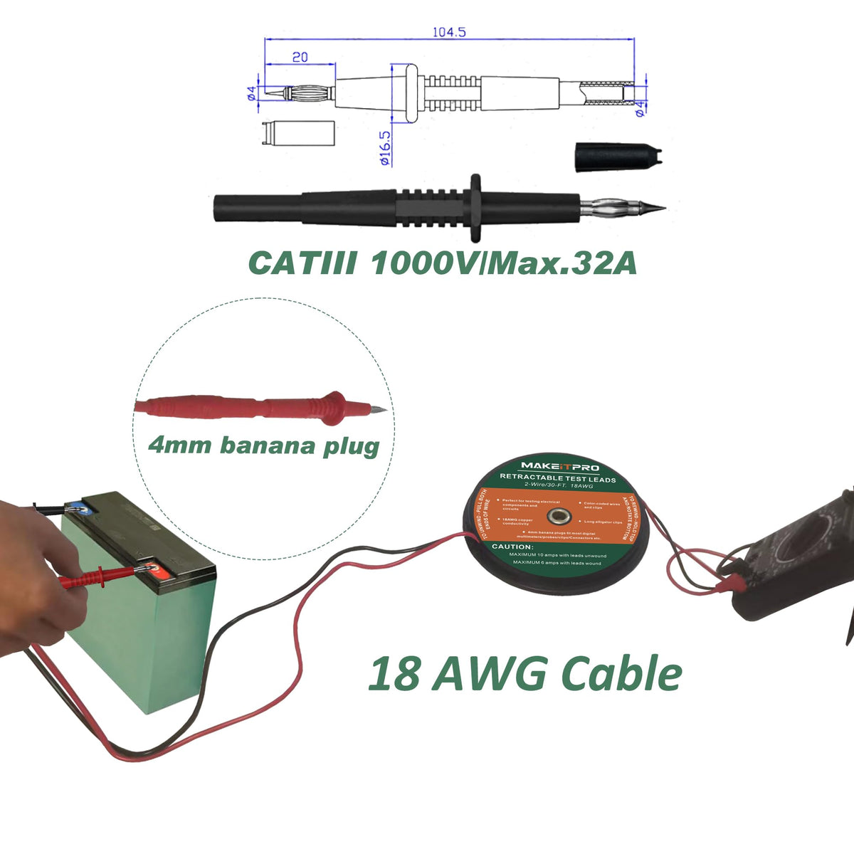 MAKEITPRO 30FT 18AWG Retractable Test Leads with Cable Bag