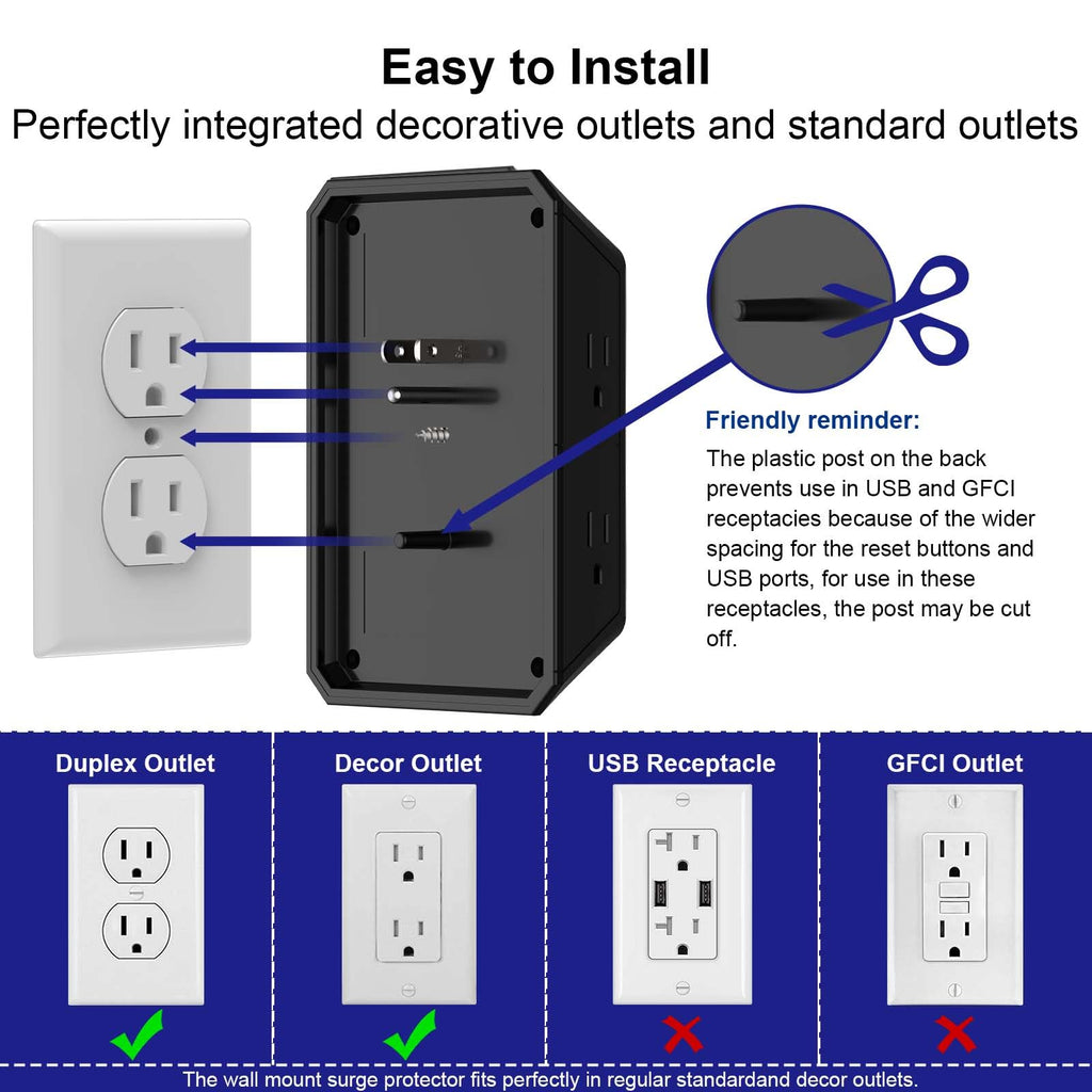 Teiobar Surge Protector Outlet Extender with 4 USB Ports