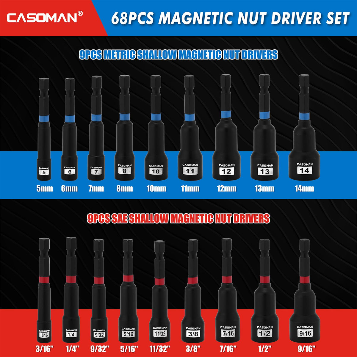 CASOMAN 68-Piece Magnetic Nut Driver Set, SAE & Metric