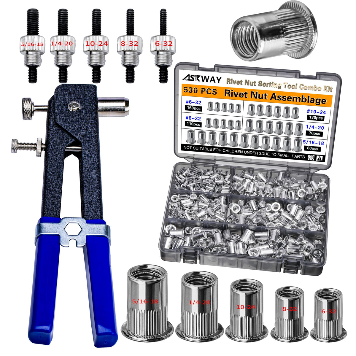 ASKWAY Rivet Nut Tool Kit with 430 Metric Nuts, M3–M8