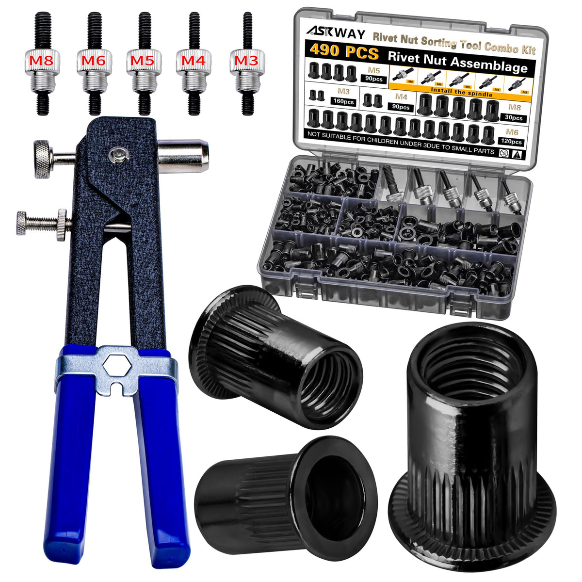 ASKWAY Rivet Nut Tool Kit with 430 Metric Nuts, M3–M8