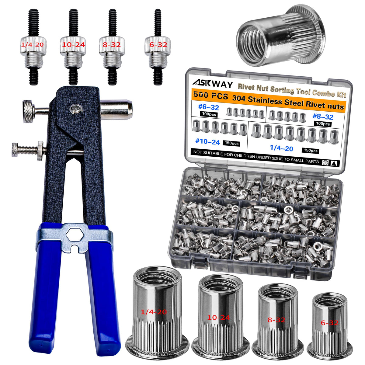 ASKWAY Rivet Nut Tool Kit with 430 Metric Nuts, M3–M8