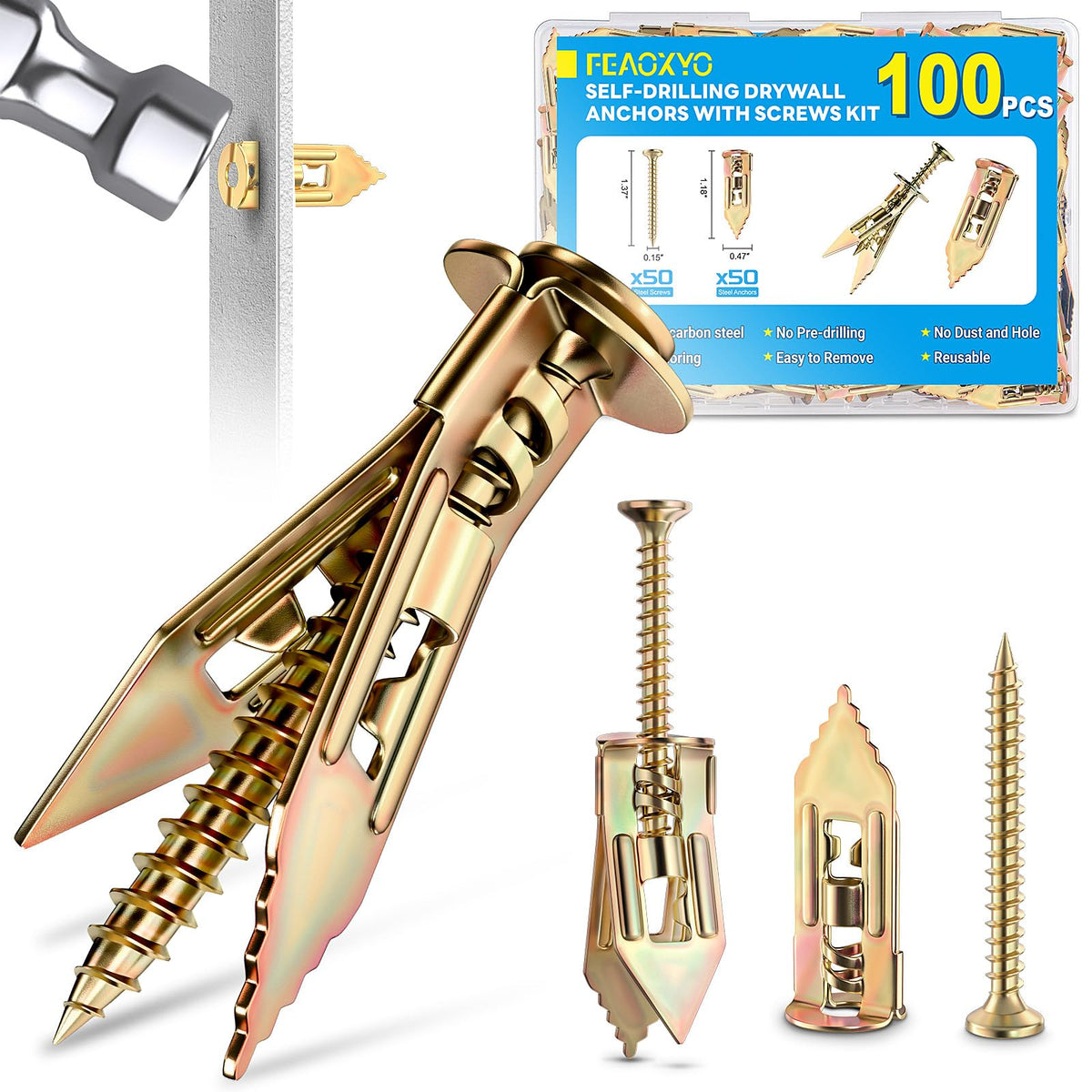 Zinc-Plated Self-Drilling Drywall Anchors and Screws Kit
