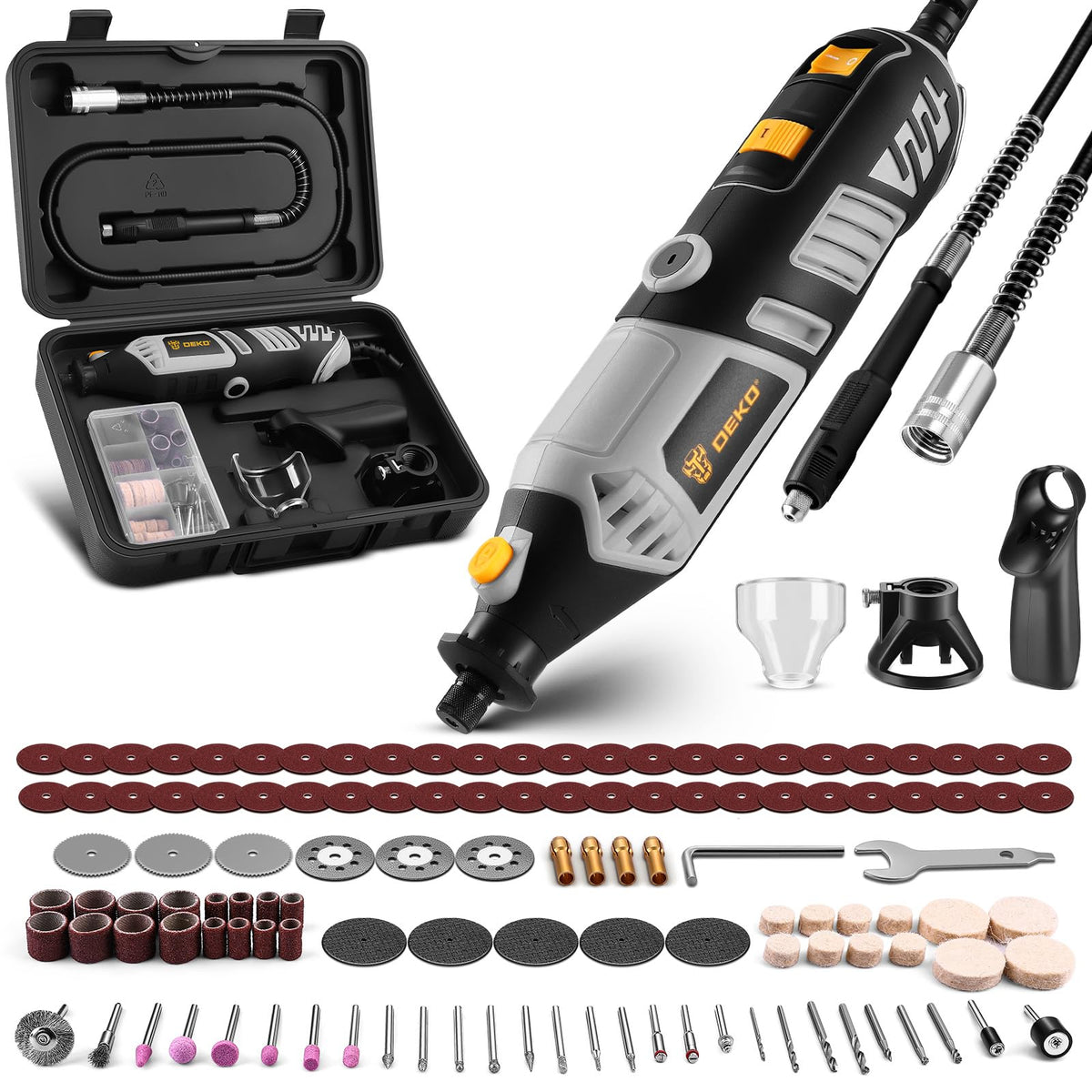 DEKOPRO Corded Rotary Tool Kit with Flex Shaft, 129 Pieces