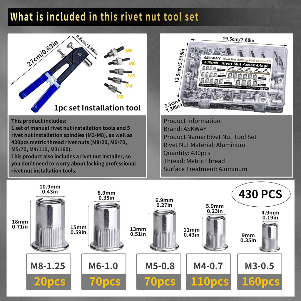 ASKWAY Rivet Nut Tool Kit with 430 Metric Nuts, M3–M8