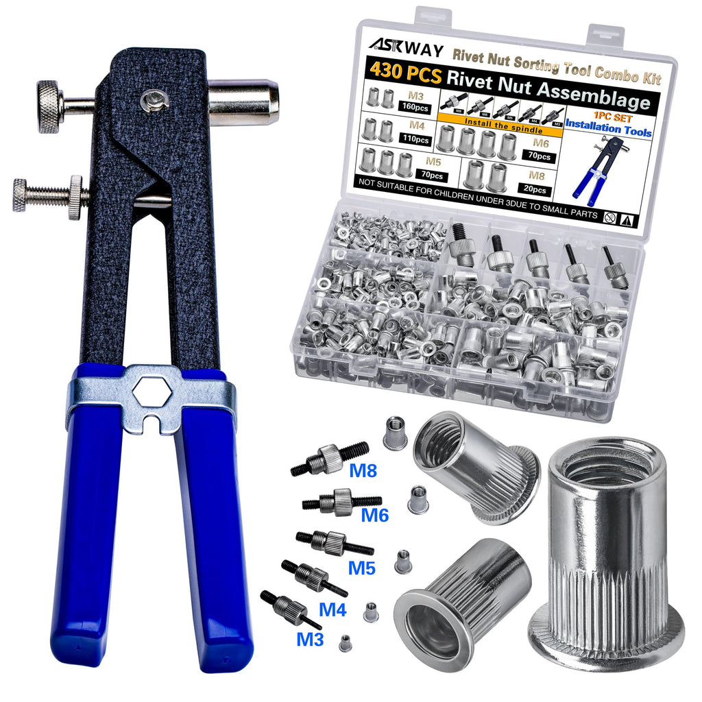ASKWAY Rivet Nut Tool Kit with 430 Metric Nuts, M3–M8