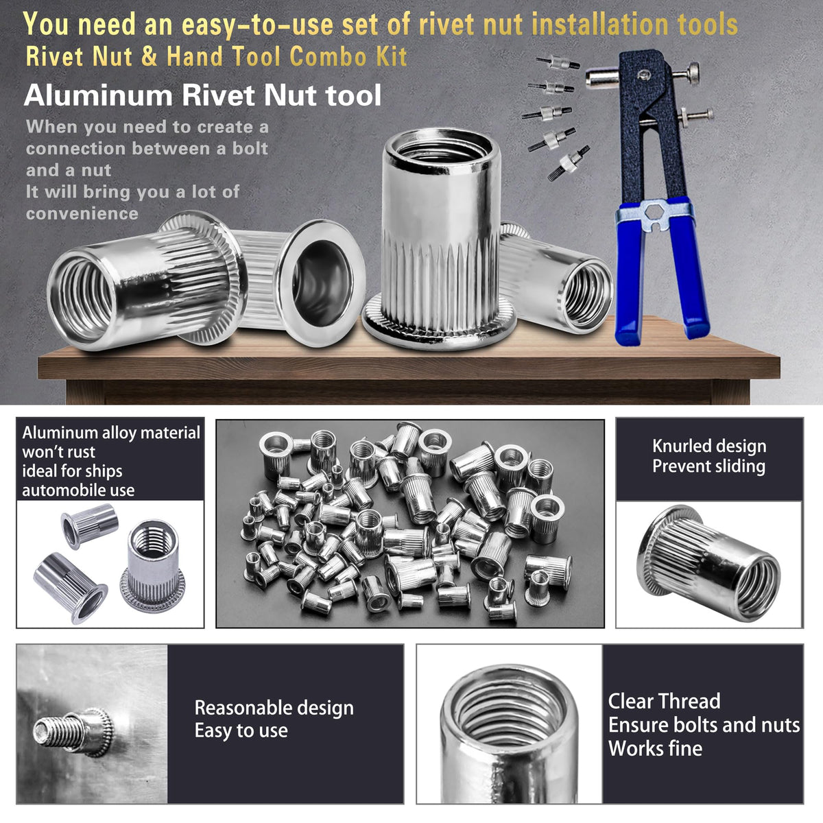 ASKWAY Rivet Nut Tool Kit with 430 Metric Nuts, M3–M8