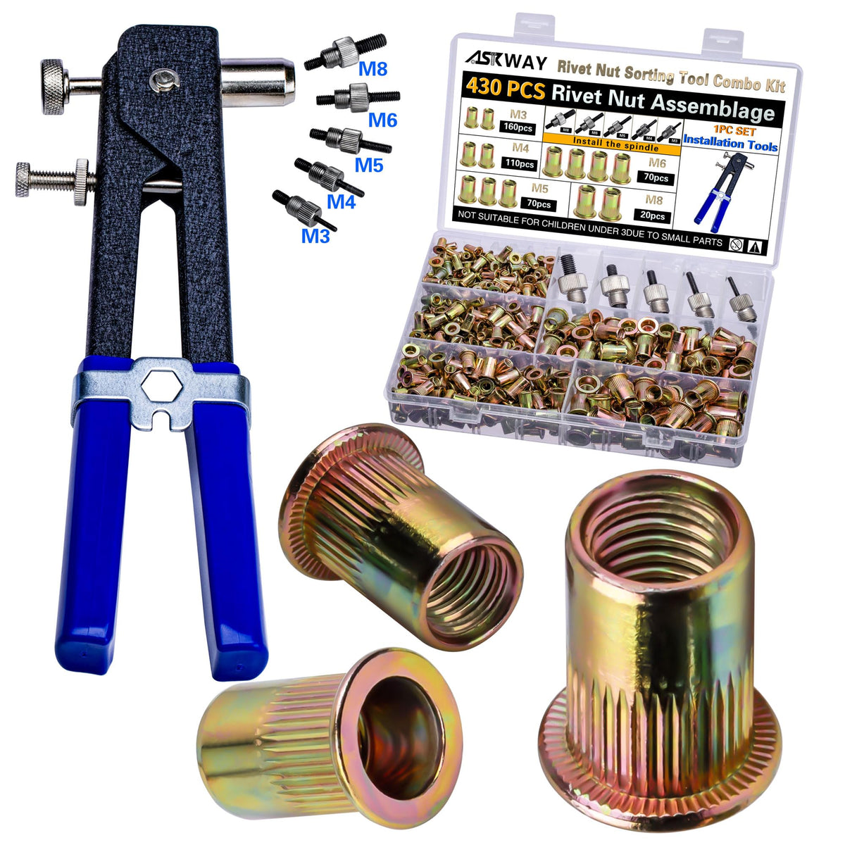ASKWAY Rivet Nut Tool Kit with 430 Metric Nuts, M3–M8
