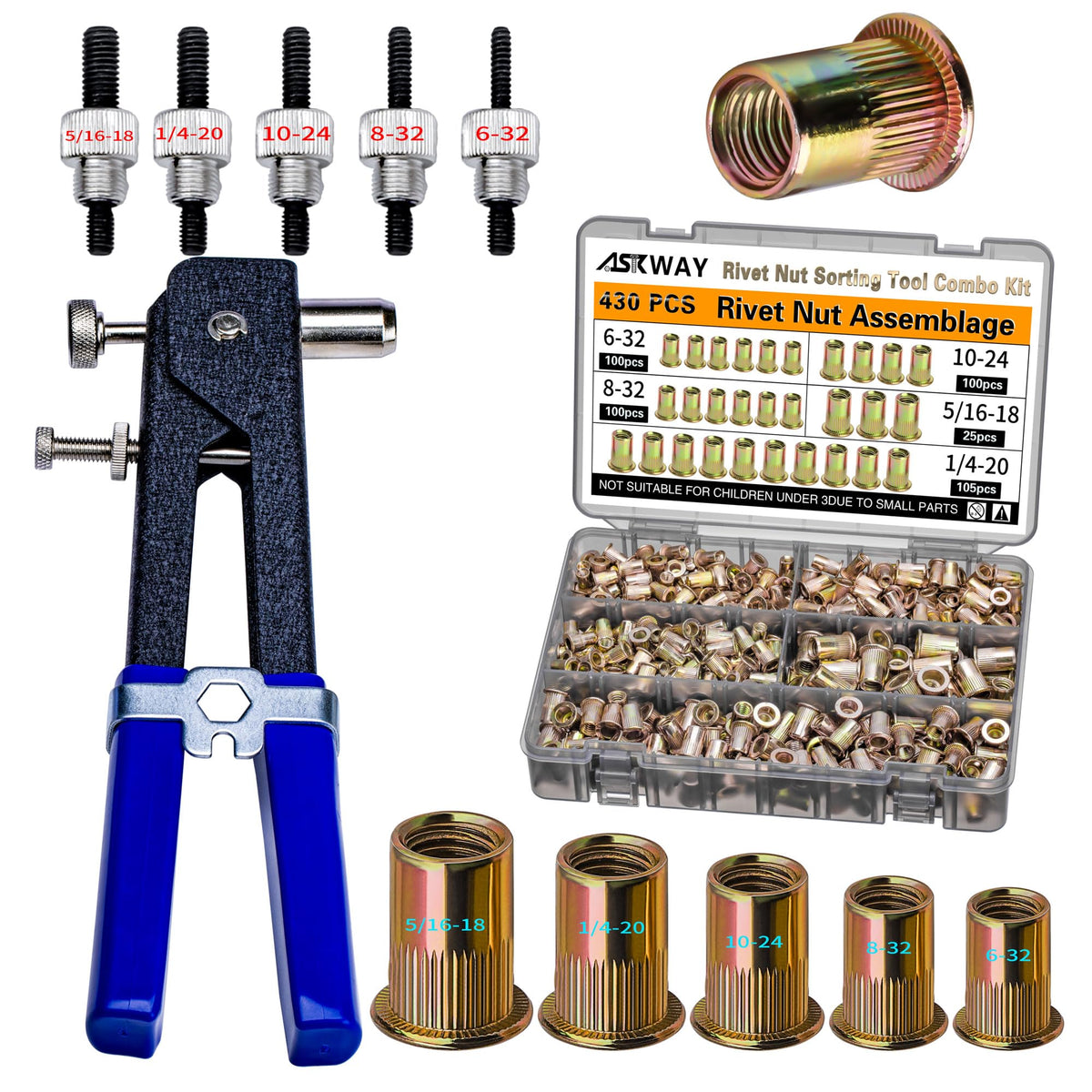 ASKWAY Rivet Nut Tool Kit with 430 Metric Nuts, M3–M8